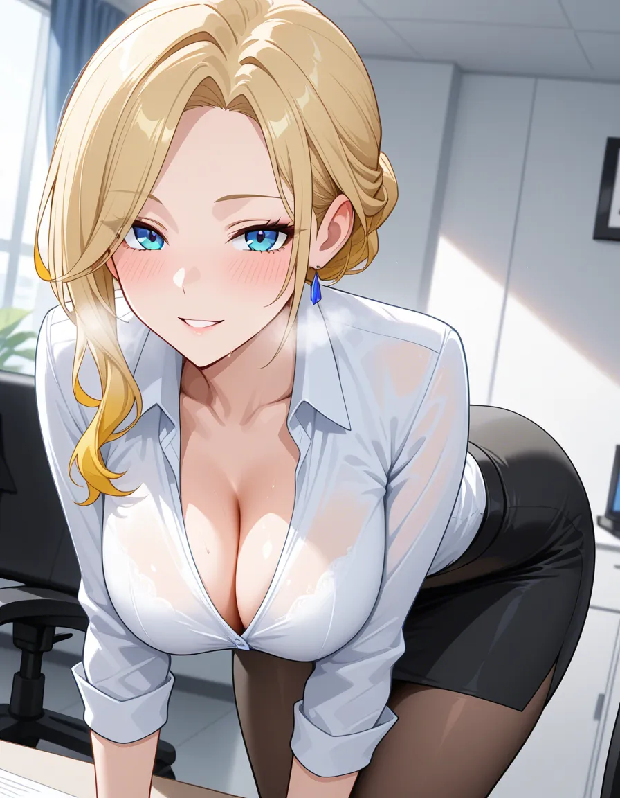 Female, blonde_hair, office_lady, large_breasts, tight_clothes, hentai_studio_quality, bent_over, heavy_breathing, facing_viewer, hentai_studio_quality