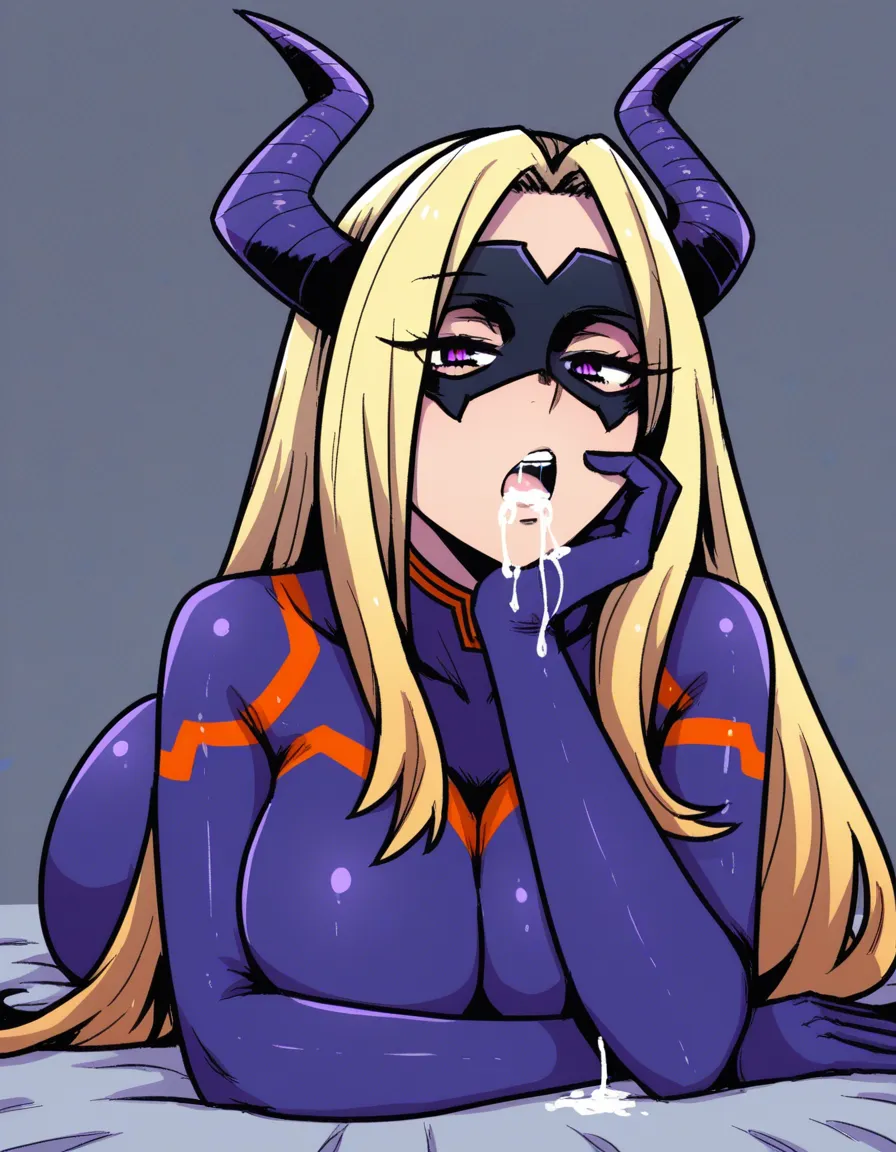 #akairiot_artstyle, @mount_lady, boku_no_hero_academia, 1girl, solo, blonde_hair, long_hair, purple_eyes, large_breasts, bodysuit, eye_mask, horns, bored, open_mouth, cum, cum_in_mouth, cum_drip, lying, on_stomach, hand_on_own_chin, head_rest, looking_at_viewer, hentai_studio_quality