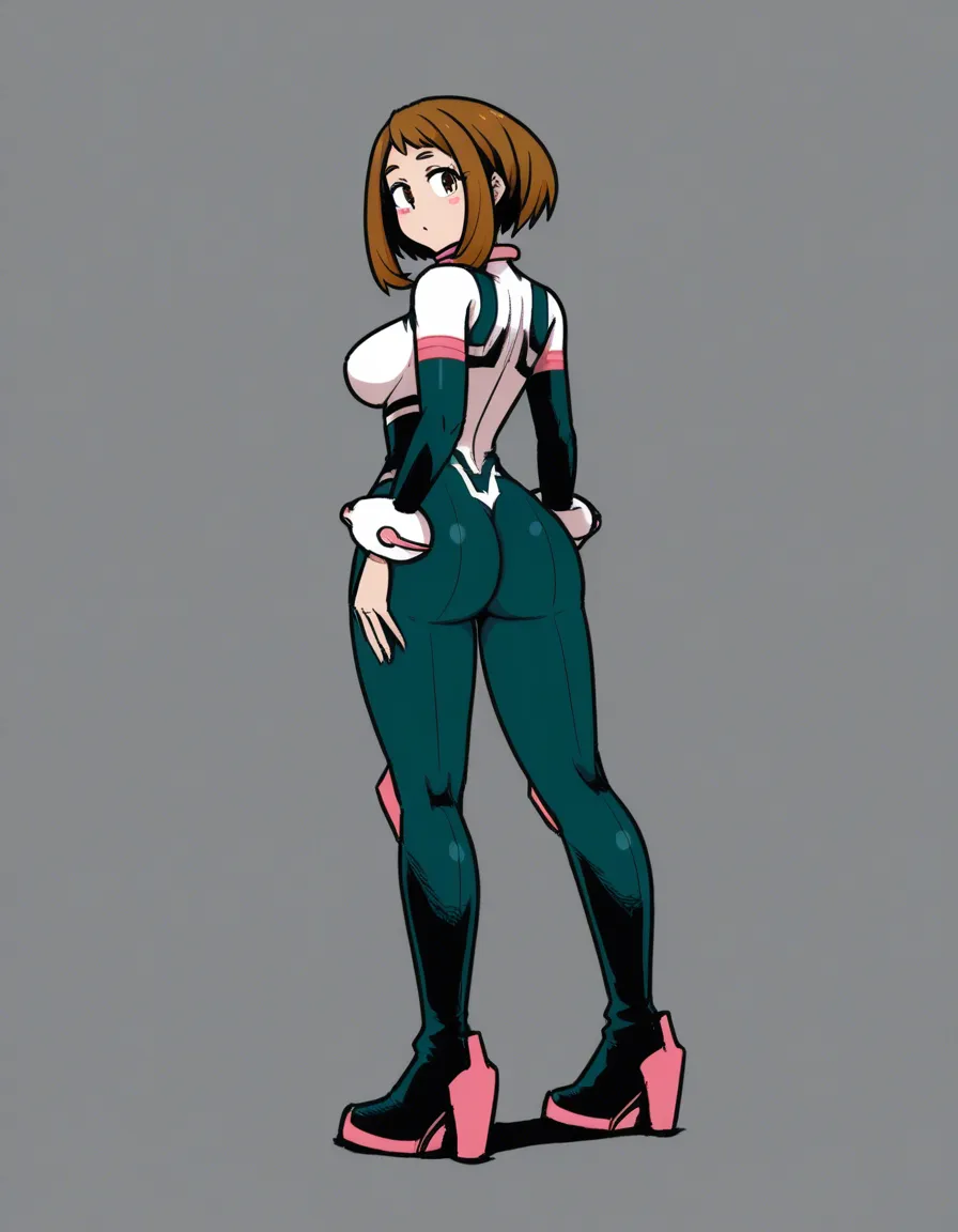 #akairiot_artstyle, @uraraka_ochaco, boku_no_hero_academia, 1girl, solo, brown_hair, short_hair, blush_stickers, large_breasts, bodysuit, ass, standing, full_body, looking_back, from_behind, hentai_studio_quality