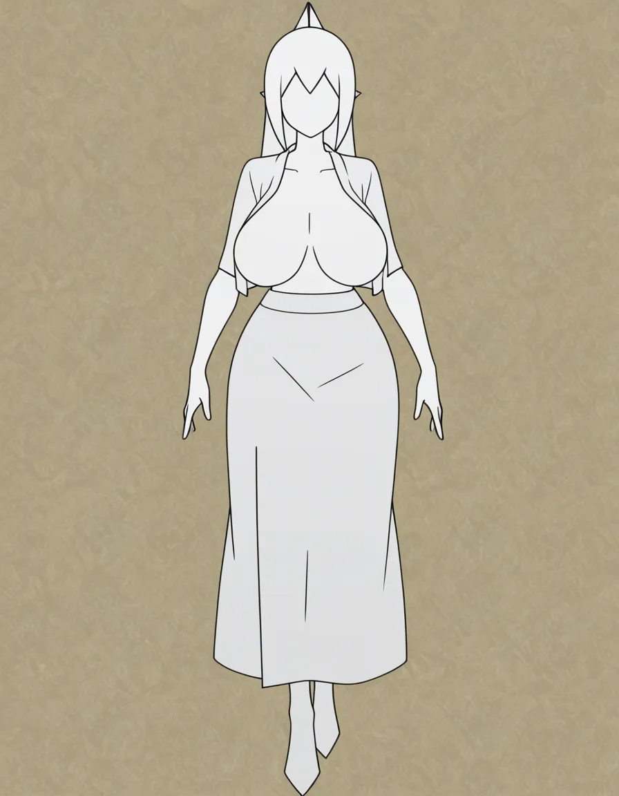 1girl, origami girl, faceless, paper texture, 8k uhd photo, low poly, full body, front view, huge breasts, pointy breast, breasts_apart, white blouse, open blouse, white skirt,, (anime style:1.3), 2d, anime screencap, cel shading, flat color, @00osamio00