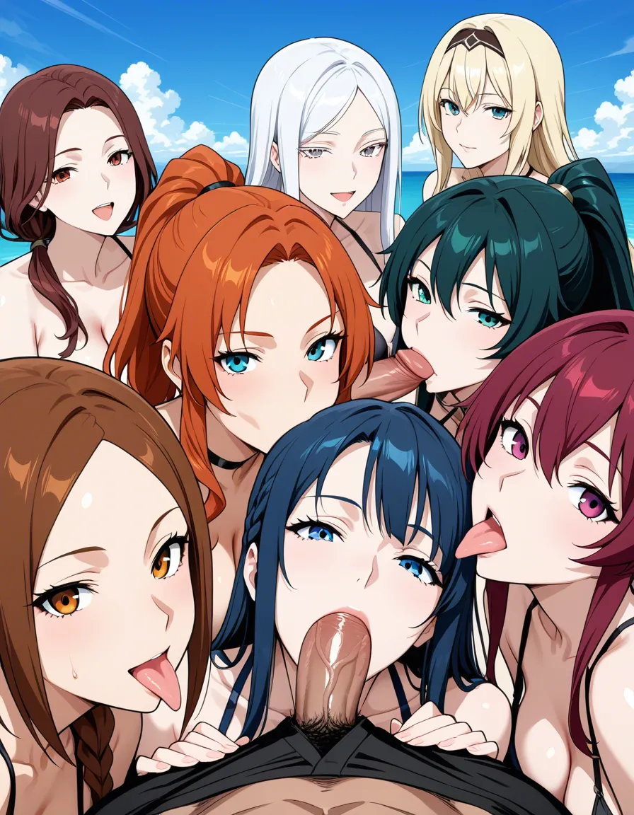 best quality, polished, 6+girls, blowjob, petite adult woman, ponytail, cloudy sky, anime style, hentai_studio_quality