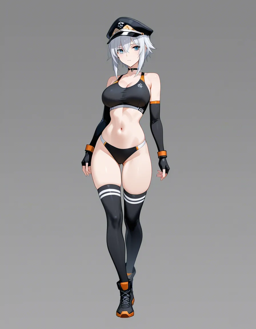masterpiece, clean art, fitness model, thighhighs, hat, presenting, grey background, visual novel art, hentai_studio_quality