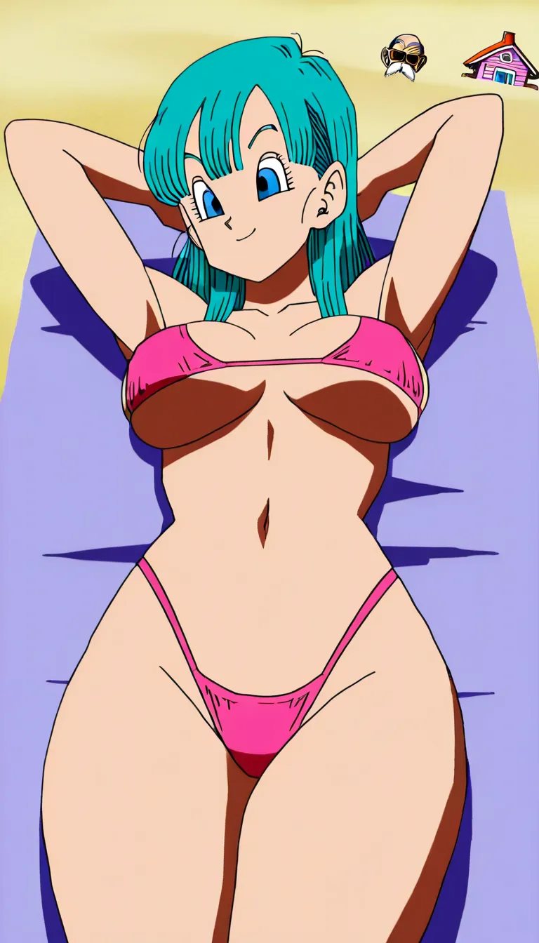 A detailed and vibrant scene featuring Bulma from Akira Toriyama's original Dragon Ball series lying sensually on her beach towel, wearing an extremely short bikini that accentuates her form, set on a bright sandy beach next to the iconic Kame House. The lighting is warm and sunny, enhancing the summery, relaxed atmosphere. Nearby, an old Muten Roshi is depicted with a crazed, humorous expression as he looks toward Bulma, capturing his quirky personality without exaggeration. The image should maintain the original character designs and iconic beach setting with vivid colors, dynamic shading, and a polished anime style., (anime style:1.3), 2d, anime screencap, cel shading, flat color, @00osamio00