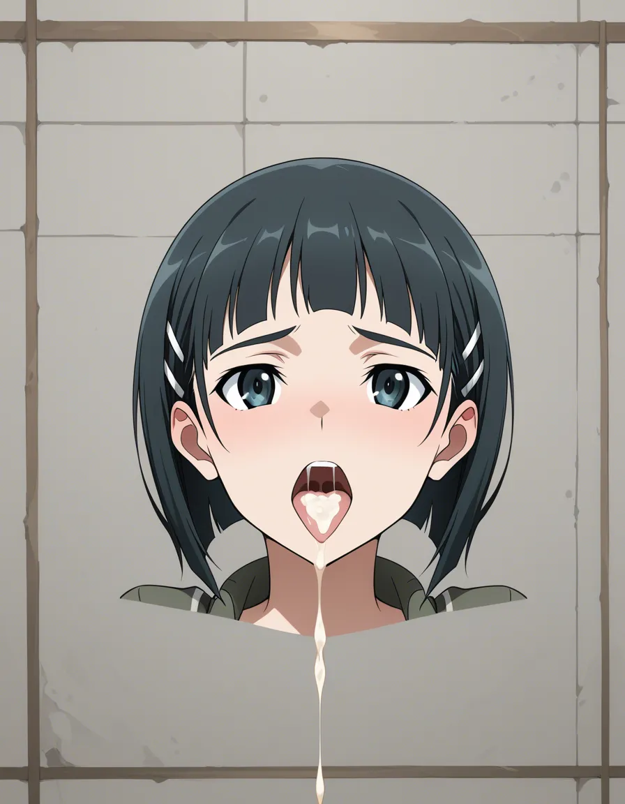 Suguha from SAO, cum_in_mouth, black_eyes, hentai_studio_quality
