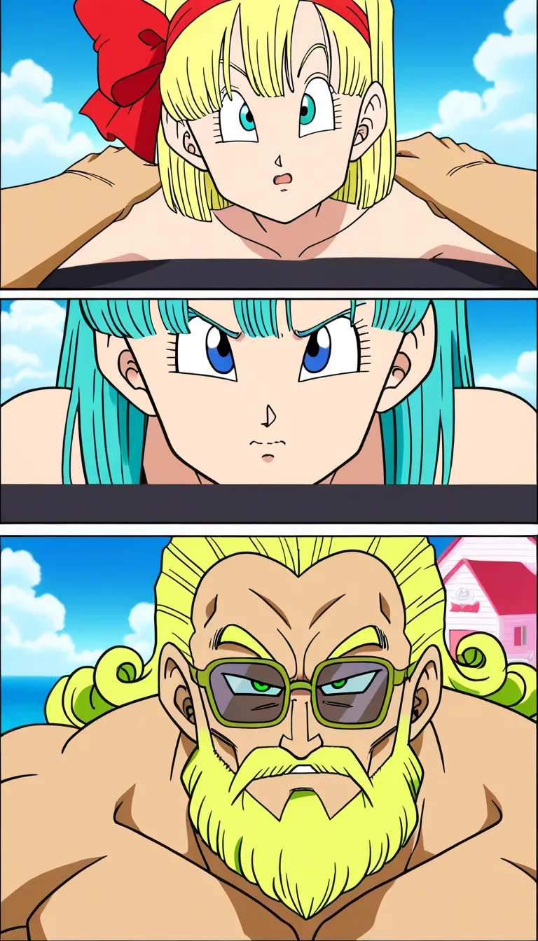 highres, The characters Bulma and Launch, from Akira Toriyama's anime *Dragon Ball*, are both wearing bikinis and lying sensually on their Capsule Corp towels at the beach near Master Roshi's Kame House. Bulma has blue eyes and straight, light blue hair that reaches her shoulders. Launch serious face expression, green eyes and long voluminous curly wavy, blonde hair that reaches her back and she use red bow on top of her head. Old beard with sun glasses Master Roshi, he appears behind them with a funny expression upon seeing Bulma and Launch., (anime style:1.3), 2d, anime screencap, cel shading, flat color