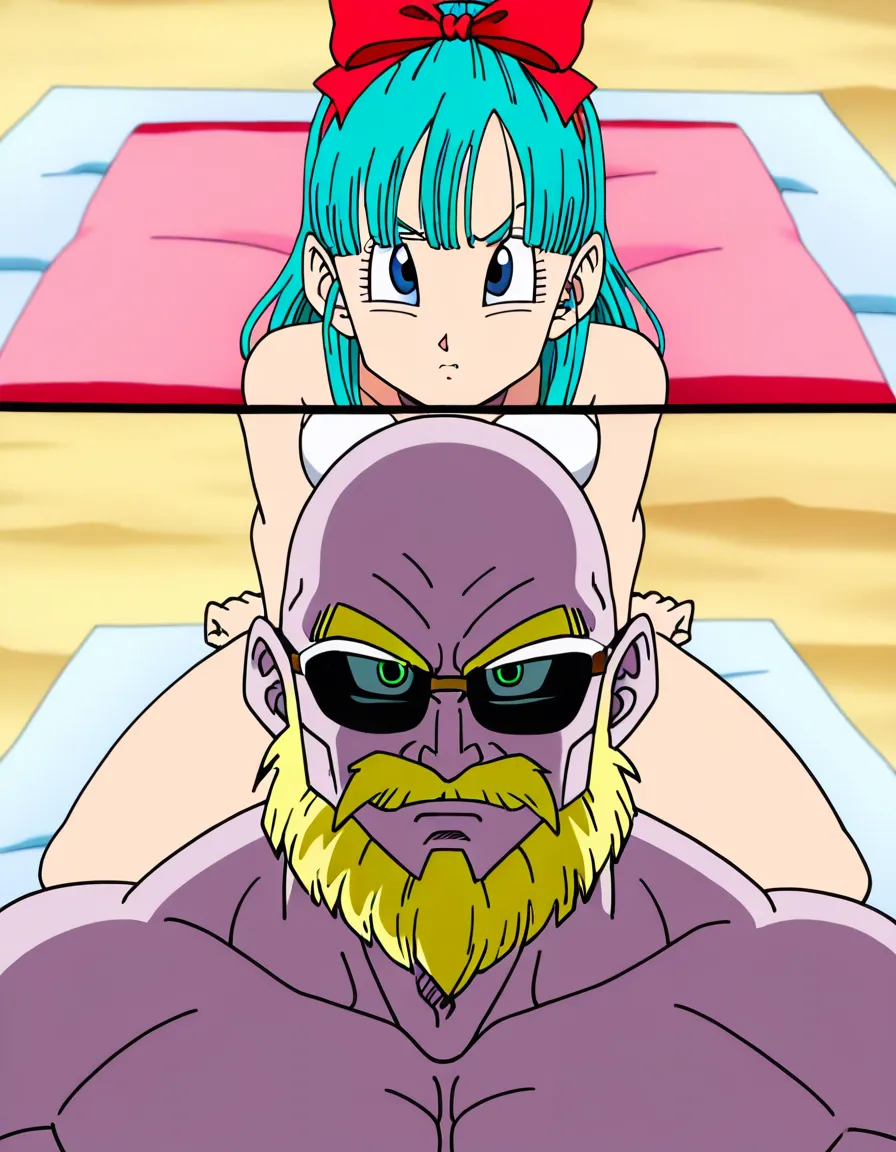 highres, The characters Bulma and Launch, from Akira Toriyama's anime *Dragon Ball*, are both wearing bikinis and lying sensually on their Capsule Corp towels at the beach near Master Roshi's Kame House. Bulma has blue eyes and straight, light blue hair that reaches her shoulders, however, Launch, she has serious face expression, green eyes and long voluminous  wavy, blonde hair that reaches her back and she use red bow on top of her head. Old beard, bald with sun glasses Master Roshi, he appears behind them with a funny expression upon seeing Bulma and Launch. The characters must be original from Dragon Ball., (anime style:1.3), 2d, anime screencap, cel shading, flat color