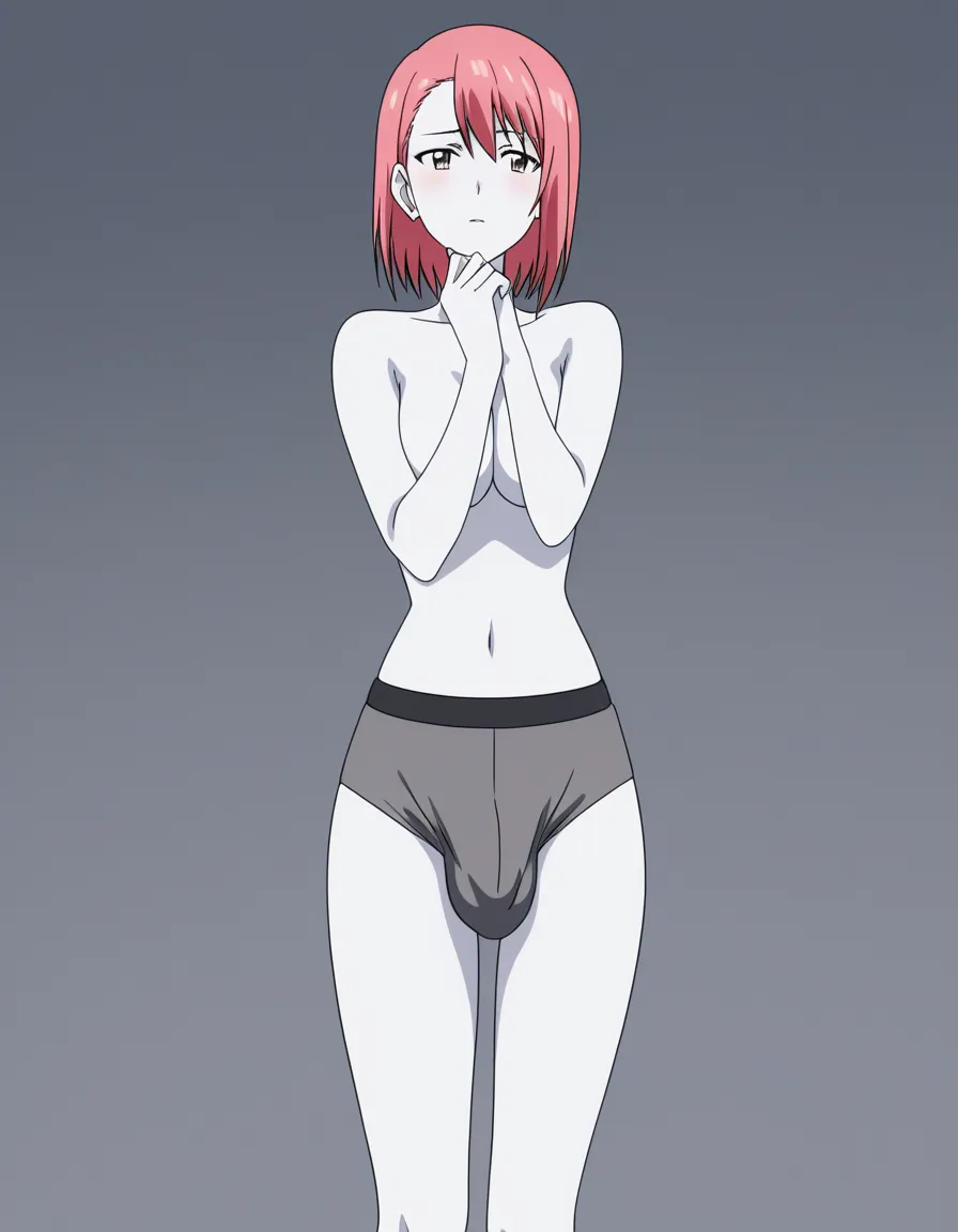 ultra detailed, multiple girls, white skin, office wear, topless, grey background, dreamy atmosphere, doujin style playing futanari, (anime style:1.3), 2d, anime screencap, cel shading, flat color