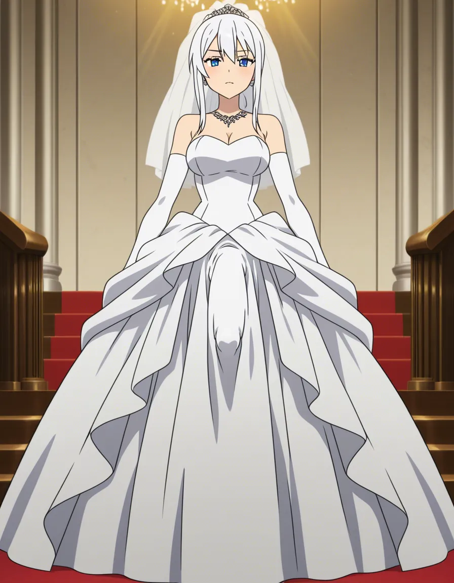 cinematic photo, 8k, futanari, white_hair, bulge, wedding_dress, huge_penis,, (anime style:1.3), 2d, anime screencap, cel shading, flat color