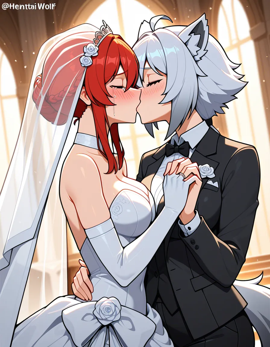 @tangle_the_lemur, @whisper_the_wolf, yuri, lesbian, standing, wedding_dress, wedding_ring, bridal_veil, kissing, blush, crying, at wedding., hentai_studio_quality, hentai_studio_quality