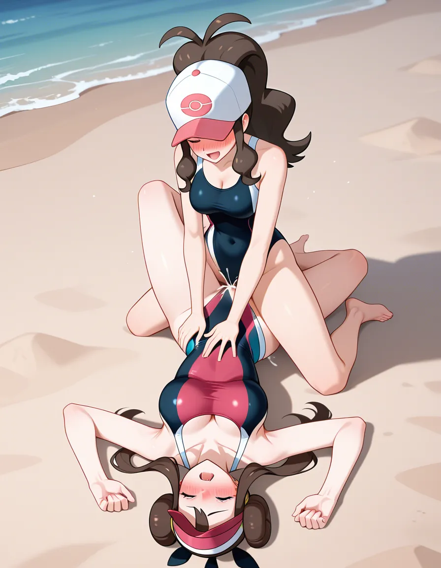 2girls, multiple_girls, @hilda_(pokemon), @rosa_(pokemon), yuri, lesbian, white competition_swimsuit, tribadism, on_stomach, doggystyle, orgasm, blush, beach, sex_from_behind., hentai_studio_quality