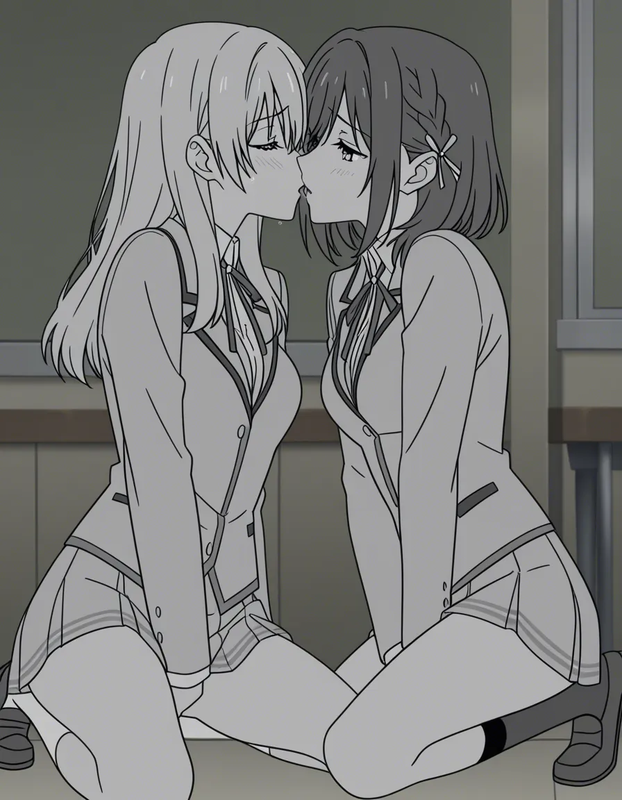 2girls yuri kiss school_uniform classroom female_masturbation, (anime style:1.3), 2d, anime screencap, cel shading, flat color