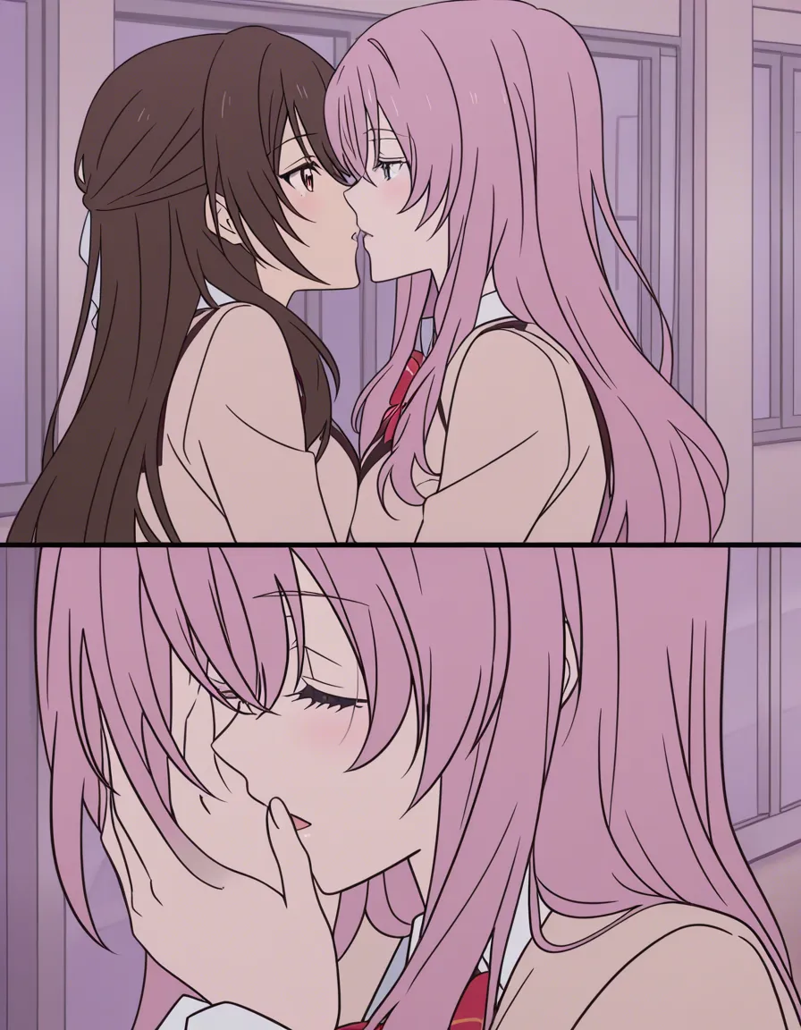 2girls yuri kiss school_uniform classroom straddling groping, (anime style:1.3), 2d, anime screencap, cel shading, flat color