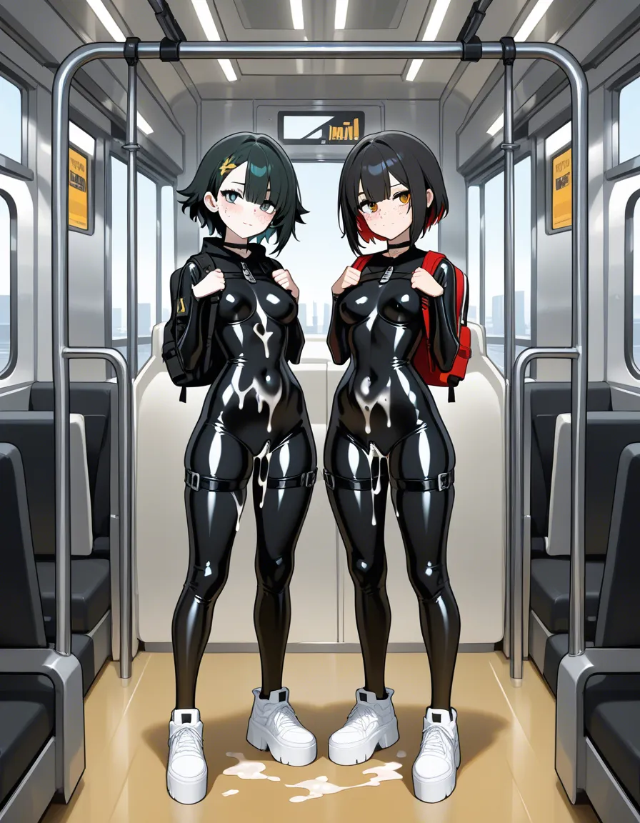 2 girls, ebony and white, latex bodysuits with many straps and zips, choker, standing in bus,, white platform shoes, cum stains on belly, backpack, freckles,, hentai_studio_quality
