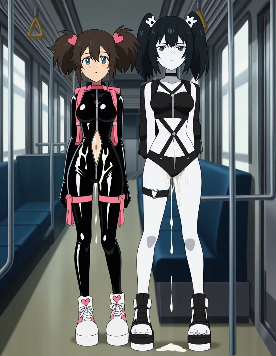 2 girls, ebony and white skin, latex bodysuits with many straps and zips, choker, standing in bus,, white platform shoes, cum stains on belly, backpack, freckles, pigtails, navel ychain, weapon, hair_ornament, heart, adult, fit,, (anime style:1.3), 2d, anime screencap, cel shading, flat color