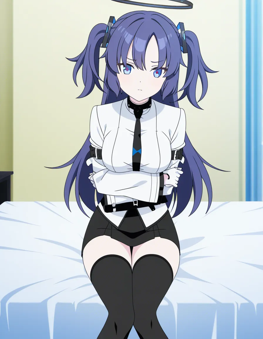 looking_at_viewer @yuuka_(blue_archive) sitting bed bedroom , straitjacket , restrained arm under breast , long_sleeves sleeves_past_wrists bondage white gloves black_thighhighs #1girl (anime style:1.3), 2d, anime screencap, cel shading, flat color, (anime style:1.3), 2d, anime screencap, cel shading, flat color, (anime style:1.3), 2d, anime screencap, cel shading, flat color, (anime style:1.3), 2d, anime screencap, cel shading, flat color, (anime style:1.3), 2d, anime screencap, cel shading, flat color