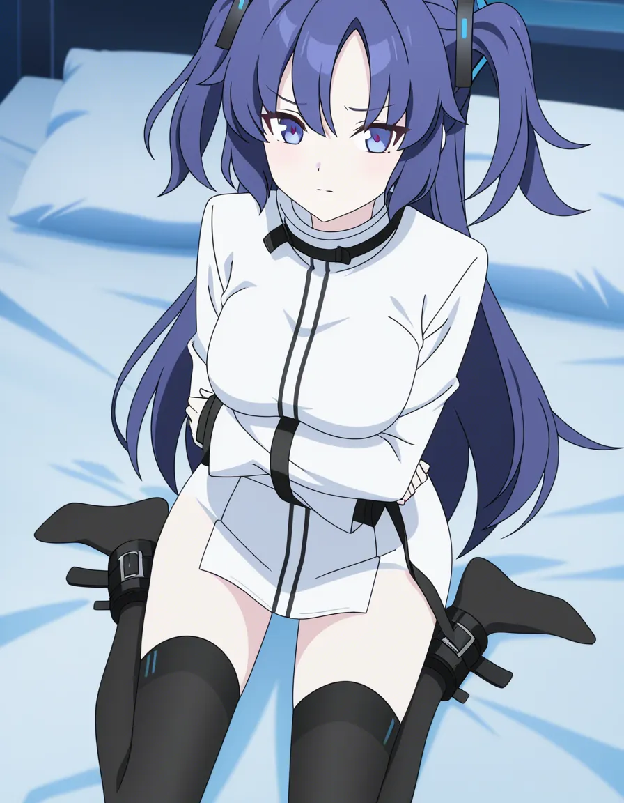 looking_at_viewer @yuuka_(blue_archive) sitting bed bedroom , straitjacket , restrained arm under breast , long_sleeves sleeves_past_wrists bondage black_thighhighs #1girl (anime style:1.3), 2d, anime screencap, cel shading, flat color, (anime style:1.3), 2d, anime screencap, cel shading, flat color, (anime style:1.3), 2d, anime screencap, cel shading, flat color, (anime style:1.3), 2d, anime screencap, cel shading, flat color, (anime style:1.3), 2d, anime screencap, cel shading, flat color