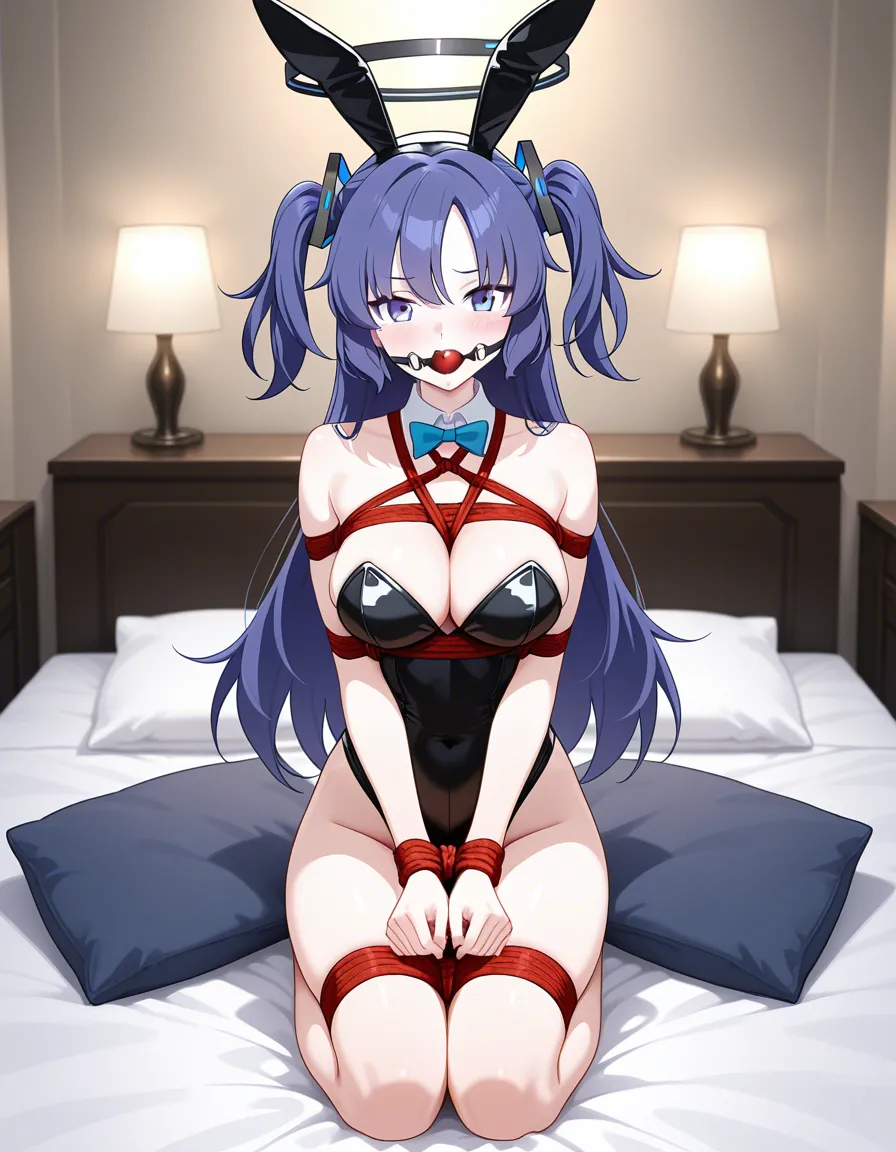 from front #looking_at_viewer #sitting #bed #bedroom @yuuka_(blue_archive) #1girl bunnysuit #restrained #ball gag #seiza, hentai_studio_quality, hentai_studio_quality