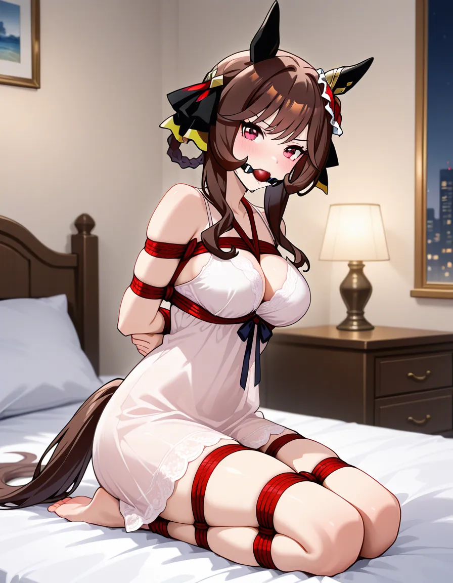 @gentildonna_(umamusume) , bedroom on_bed, seiza nightgown, looking_at_viewer, bondage, shibari bound_arms, bound_leg, restrained, ball_gag,, hentai_studio_quality