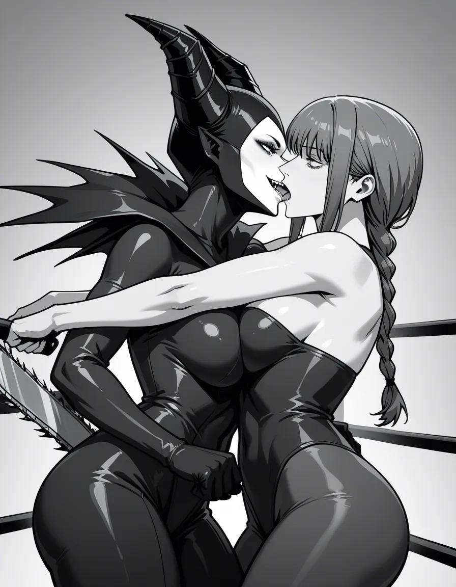 2girls_focus , maleficent evil_grin, french_kiss , @makima_(chainsaw_man) , wrestling_ring breast_press , from_side, hentai_studio_quality, hentai_studio_quality