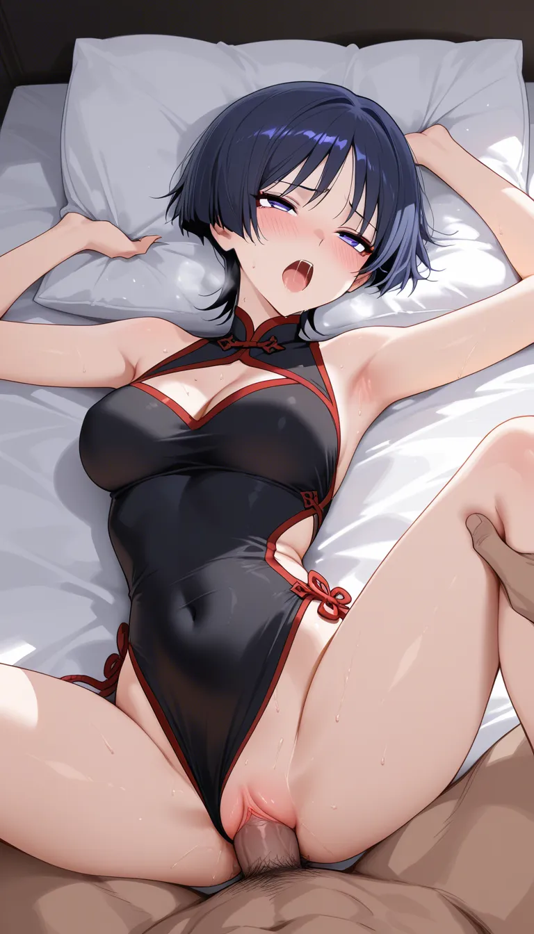 Masterpiece, 18+, both Scaramouche and Lumine fully visible together, no solo, both faces clear with lewd expressions, moaning, half-lidded eyes, side-lying penetration with leg raised, crotchless cheongsam, hentai_studio_quality
