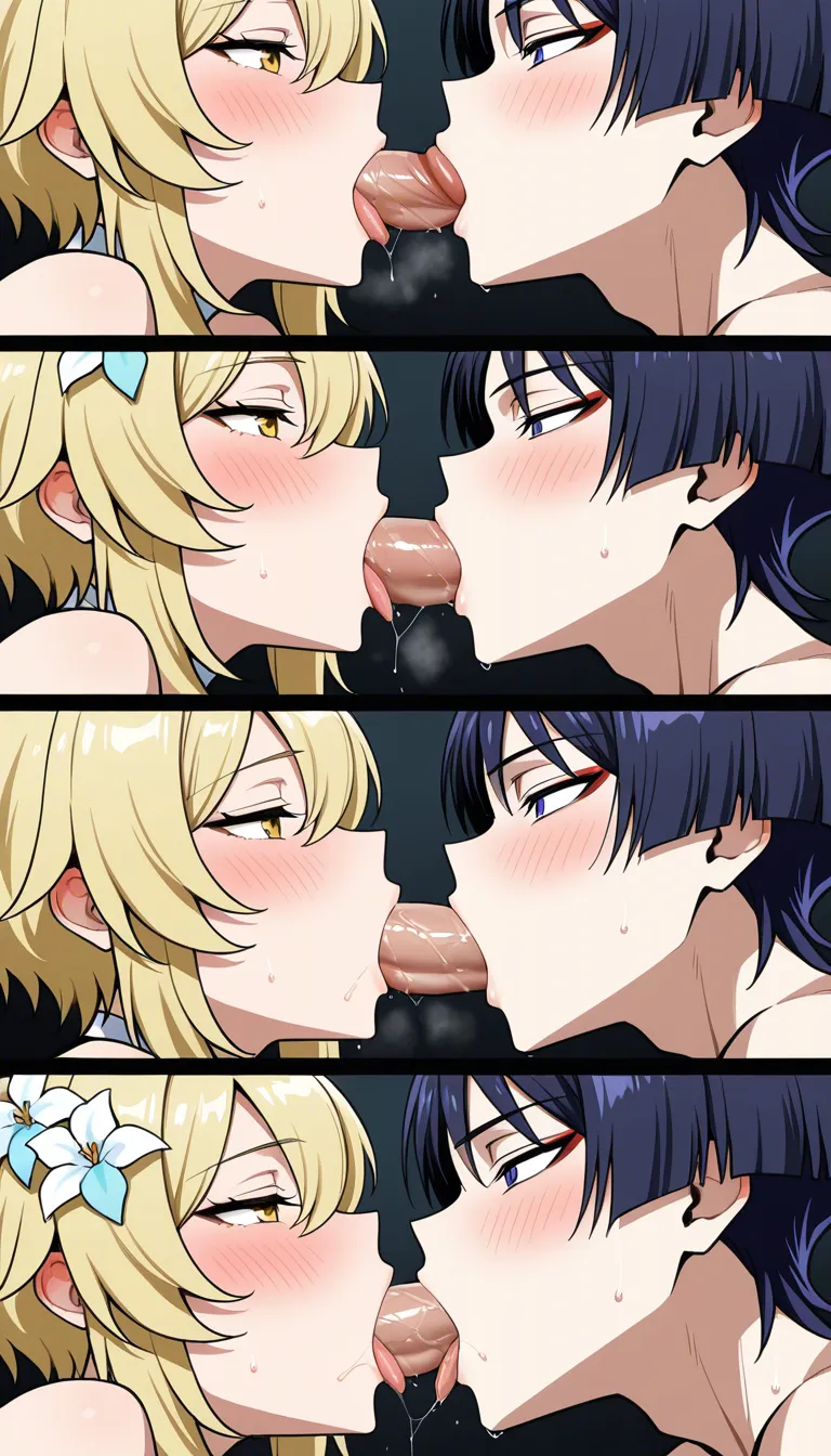 Masterpiece, 18+, third-person view, both Scaramouche and Lumine fully visible together in the same frame, no solo, Scaramouche is male, Lumine giving oral sex to Scaramouche, both faces clearly visible with lewd expressions, penetration of mouth, hentai_studio_quality, hentai_studio_quality