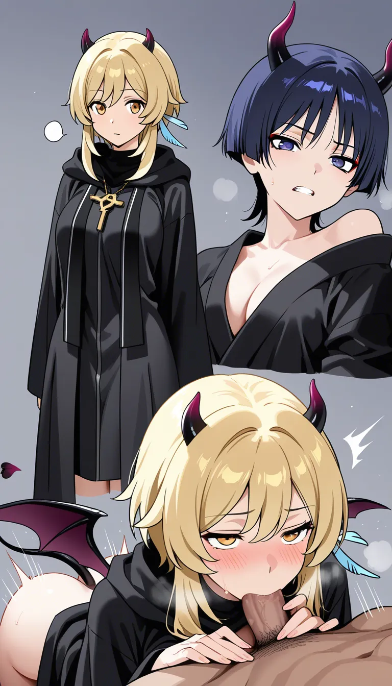 Masterpiece, 18+, both Scaramouche and Lumine fully visible together, no solo, Scaramouche is male, Scaramouche fucking Lumine, both faces clear with lewd expressions, Scaramouche as priest in clerical robes, Lumine as succubus with horns, wings and tail, penetration, hentai_studio_quality, hentai_studio_quality, hentai_studio_quality