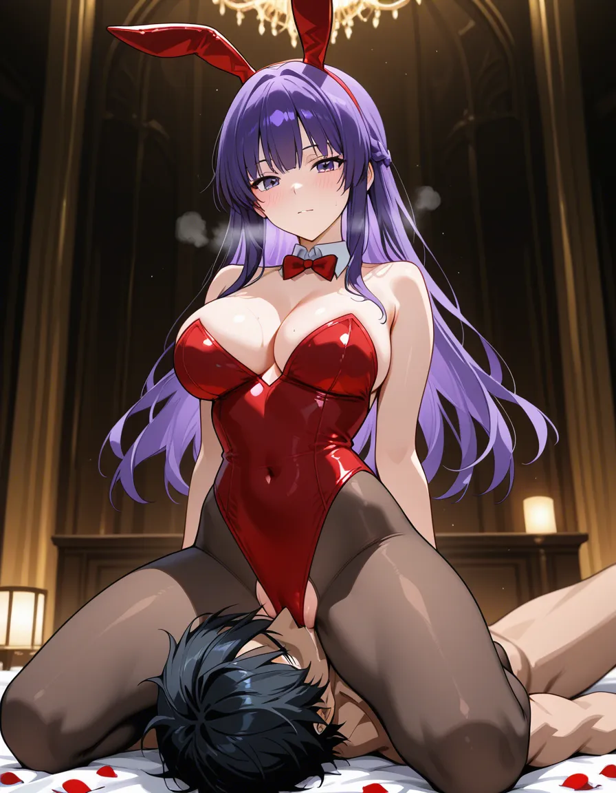 masterpiece, fine detail, bunny girl, facesitting, fake animal ears, purple hair, petals, explicit anime render, hentai_studio_quality