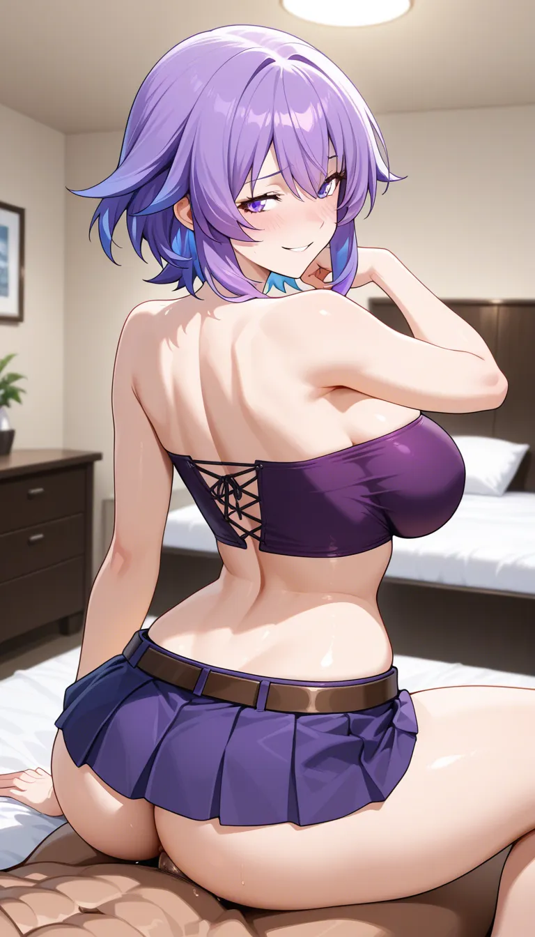 masterpiece, Purple-haired anime girl, short spiky bob, purple eyes, large_breasts , purple heart-cutout tube top, purple pleated mini skirt with belt, curvy body, anime style, sitting , kneeling , beauty illumination, sex , open legs, smile, embarrassed, fucking, bed, solo girl, fuck, cowgirl_position, ass , back, looking_back, hentai_studio_quality, hentai_studio_quality