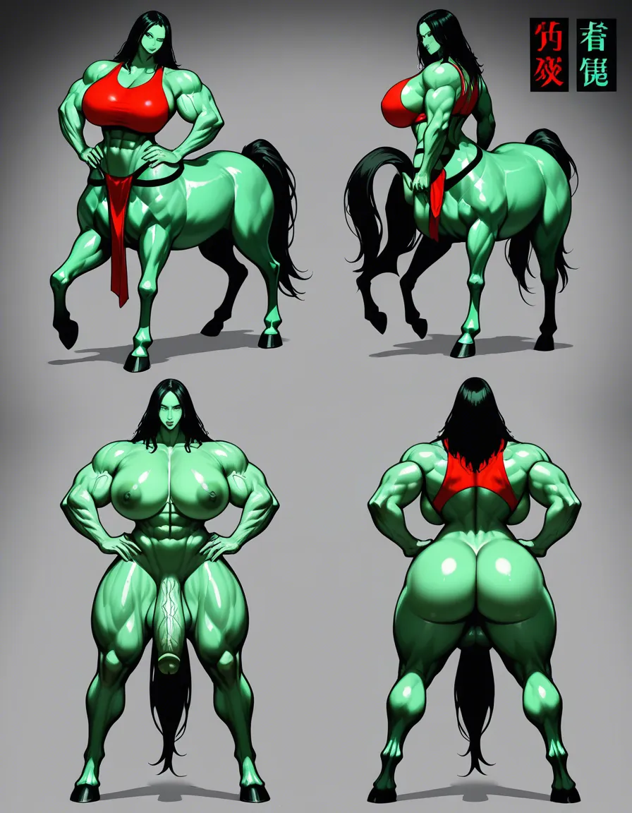 Masterpiece, best quality, ultra-detailed NSFW anime character sheet, Inuzuke + Vagabond + Slam Dunk style fusion, clean decisive linework with deep cel shading, hyper-realistic textures and dramatic lighting, expressive stylized face, vivid colors, saturated palette, exaggerated curves: extremely thin waist, massive breasts, wide hips, round big ass, long legs, muscular centaur body with green skin, huge muscles, front view, 3/4 view, side view, back view, dynamic action pose: centaur standing dominant with thick veiny horse cock visible, massive erection, hands on hips, in forest throne room, explicit NSFW, high detail, 8k, dramatic lighting, seed:1234567890, hentai_studio_quality