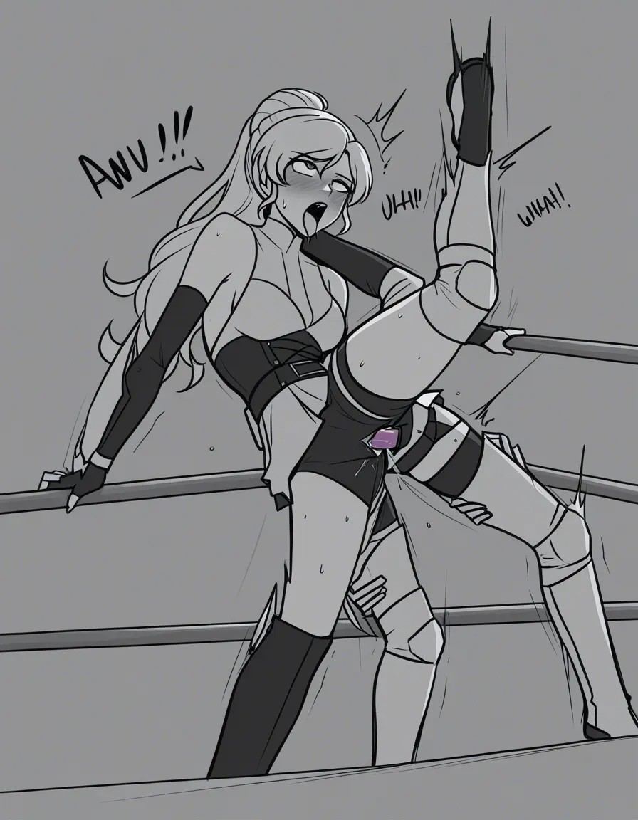 @winter_schnee_(rwby) , @ruby_rose , yuri , wrestling, strapon, surprised , ahegao , vaginal_object_insertion, pleasure_face, hentai_studio_quality