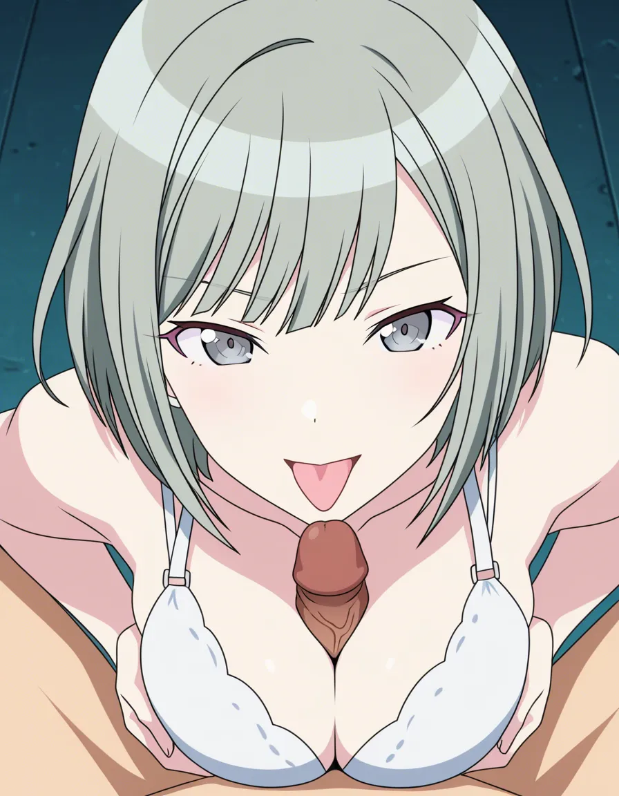 8k, nene kunasagi, project sekai, ligt grey_hair paizuri , tongue_out, hentai_studio_quality, (anime style:1.3), 2d, anime screencap, cel shading, flat color