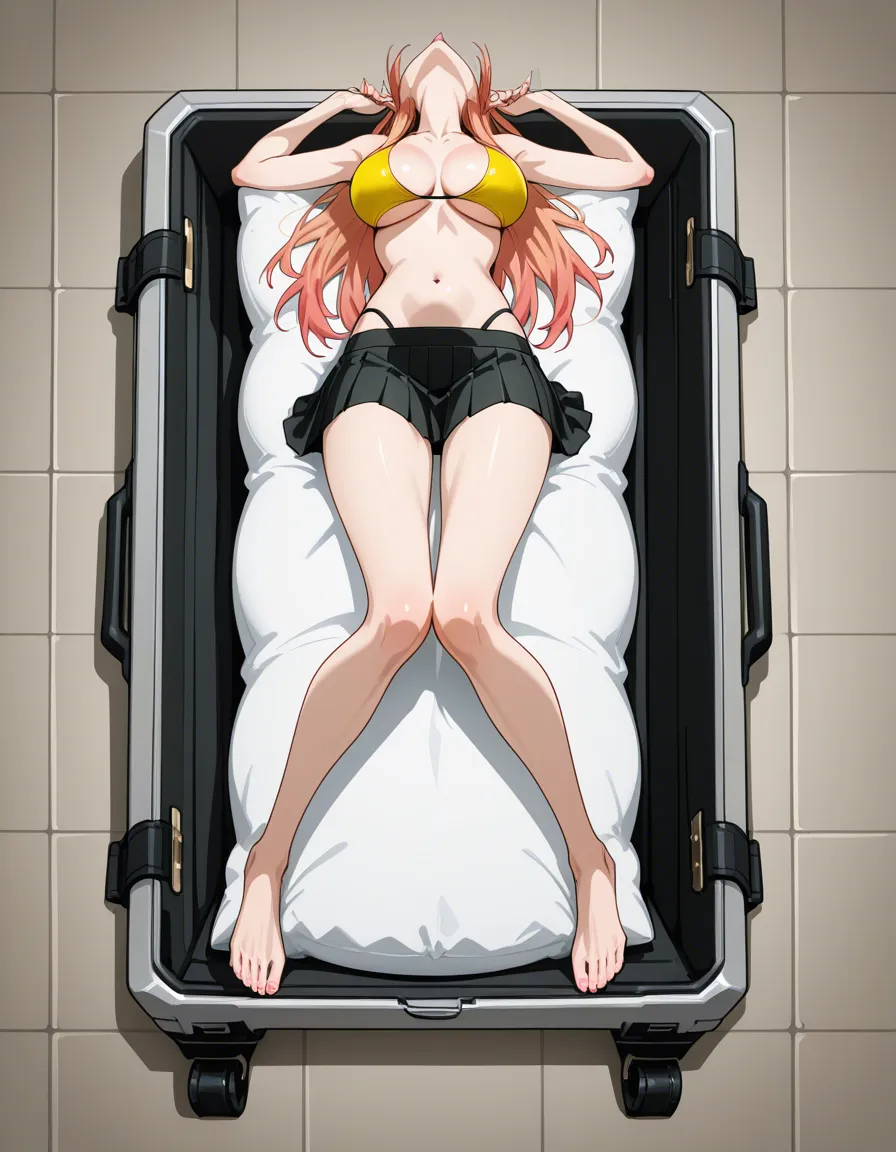 Marin kitagawa laying on her back stuffed inside a suitcase. She has her legs bent behind her head so that she fits. She is wearing a skirt and bikini top, hentai_studio_quality