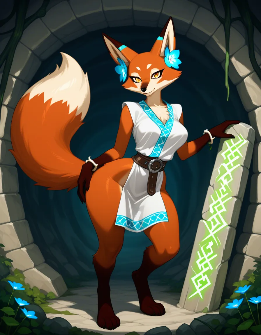 full body of a sexy female anthropomorphic fox, dark-red fur with black markings on ears, around eyes, paws and tip of the tail, elongated pointed fox snout, golden amber eyes with half-lidded seductive look, long bushy tail curled slightly, soft feminine body, medium perky breasts, narrow waist, wide hips, wearing a short and slightly open light-colored druidic linen tunic decorated with living green leaves and thin twigs that clings to her curves, wide leather belt, bone and herb bracelets, standing on a flat runic stone in a round underground chamber, soft light filtering from a circular opening above through intertwined roots, glowing green runes on the stone and walls, blooming white and pale-blue flowers on the ground and walls, mystical atmosphere, detailed fur, high quality, sharp focus, sensual pose, hentai_studio_quality, hentai_studio_quality
