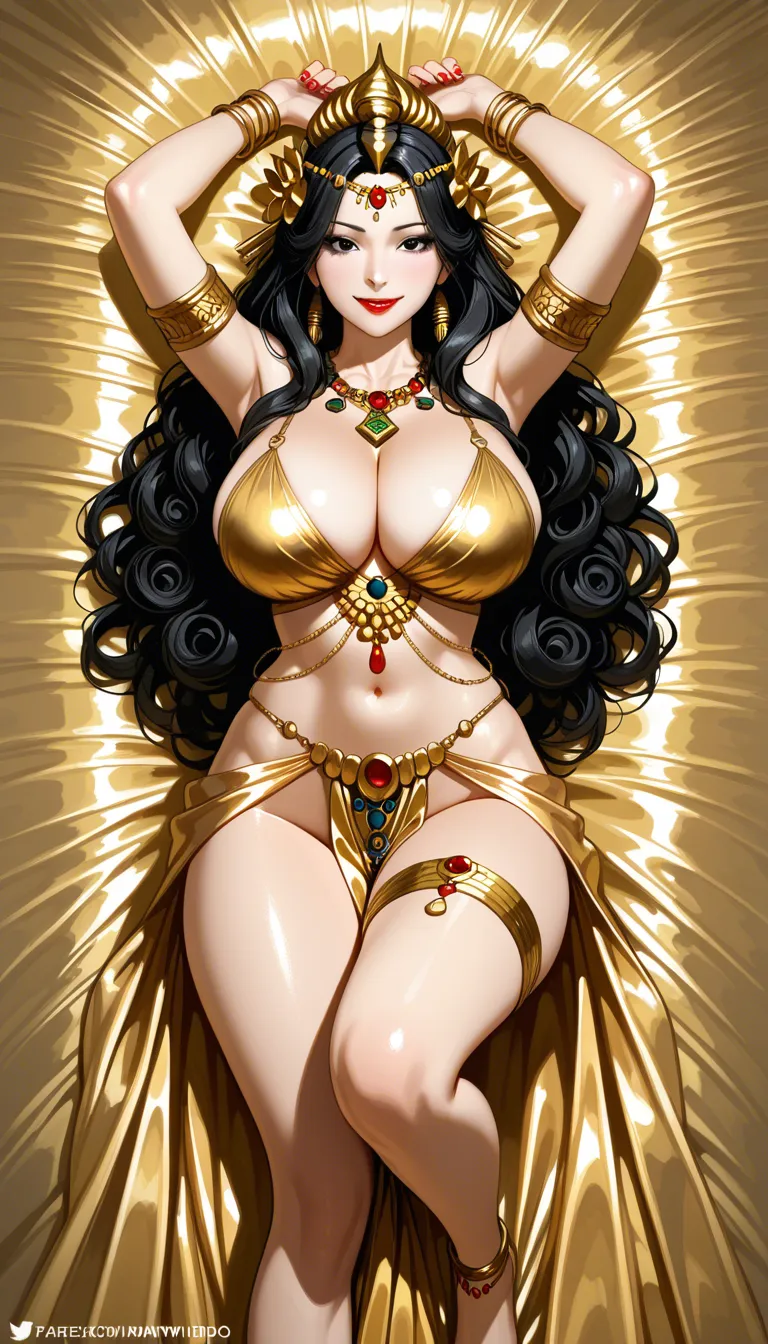 Graceful Hindu goddess Mother Maa Durga with fair skin and multiple arms and natural curvy figure having sex with viewer, long black curly hair upto hips, black eyes with fine longer lashes, from_front_position, missionary position deep penetration on a golden bed, sexy erotic smile, devine look, bright red lipstick, nailpolish, gold Intricate triangle  cup bra with cleavage, adorned in intricate make up, armlets, bracelets, anklets, thighlets, cummerbund, ornaments, necklace, flowers around, Realistic Movements, flat colour 2d