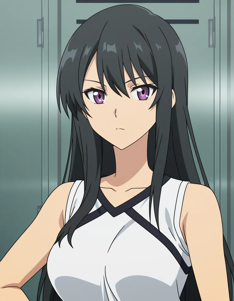 two toned yet large_breasts College age yuri girls. Both in locker room, she would with short black hair is sqeezing the strong yet lage breasted brunette, (anime style:1.3), 2d, anime screencap, cel shading, flat color