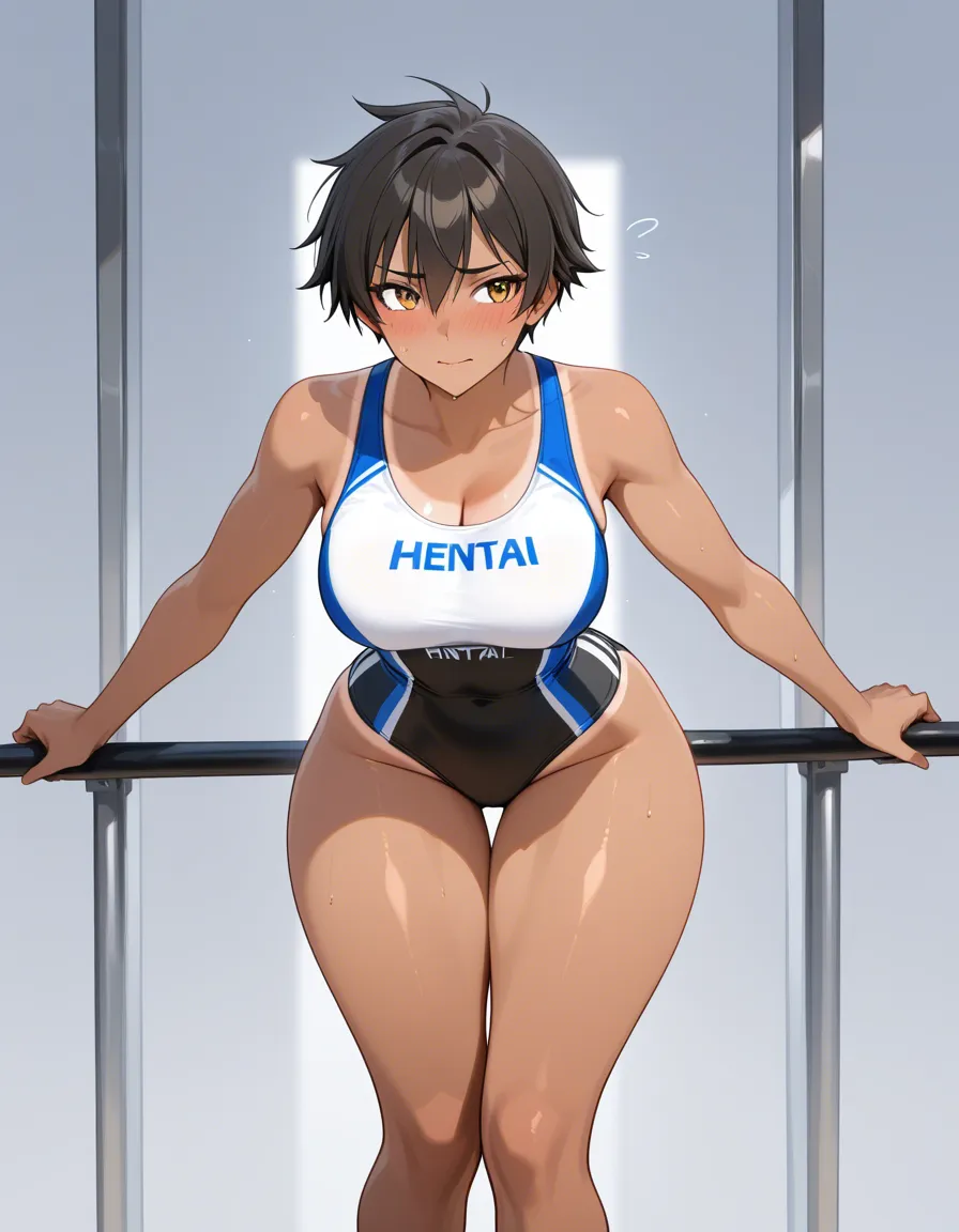 absurdres, highres, tomboy girl, nervous shy expression, tanned skin, tan lines, sport outfit, wide hips, thick thighs, thigh gap, hentai_studio_quality