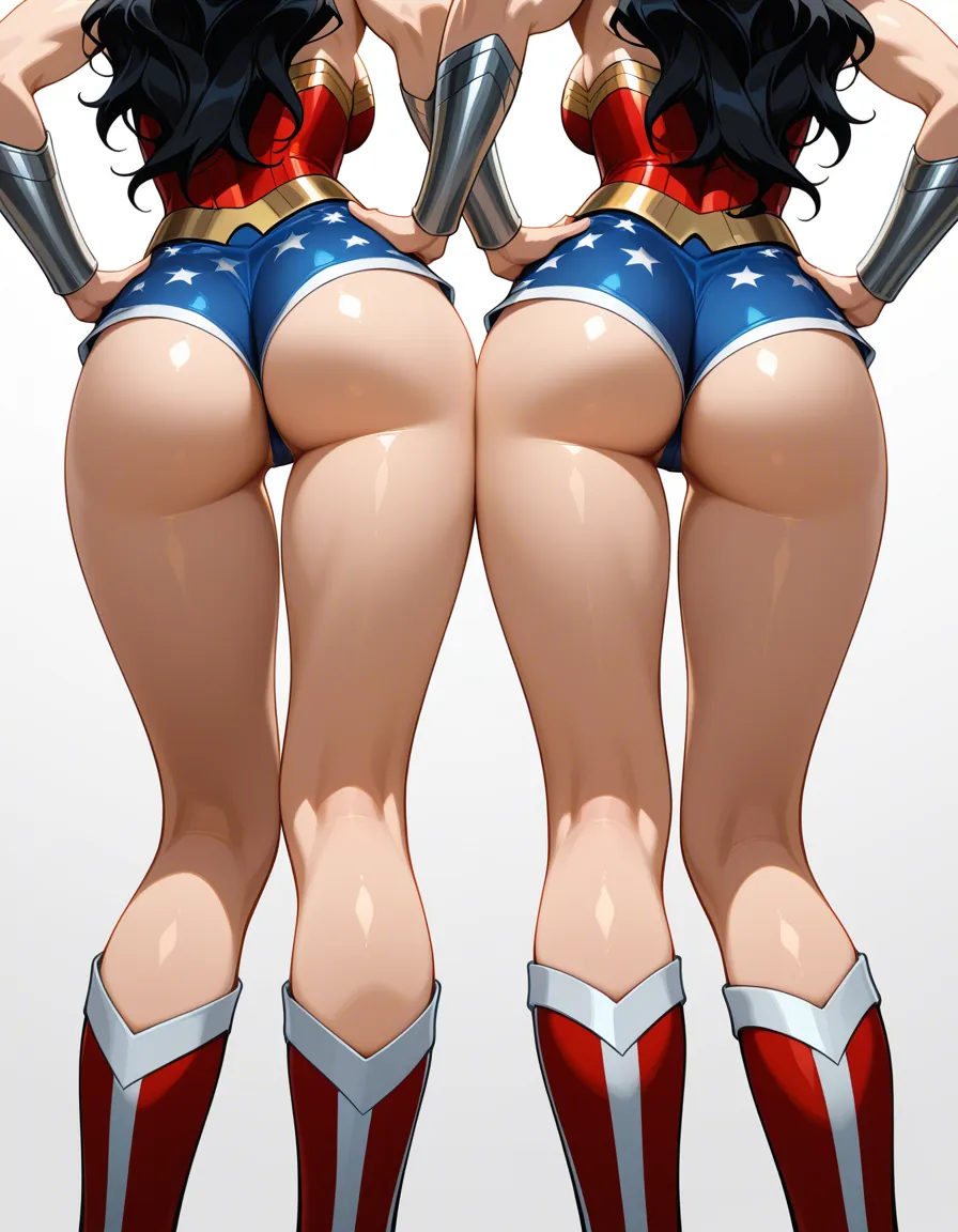 ultra detailed, couple, official alternate costume, wonder woman, booty, short_shorts , thong shorts, ass view, under view, ass, wonder woman shorts, legs, backview, 3/4 view, standing, hands in hips, hip_focus, hentai_studio_quality