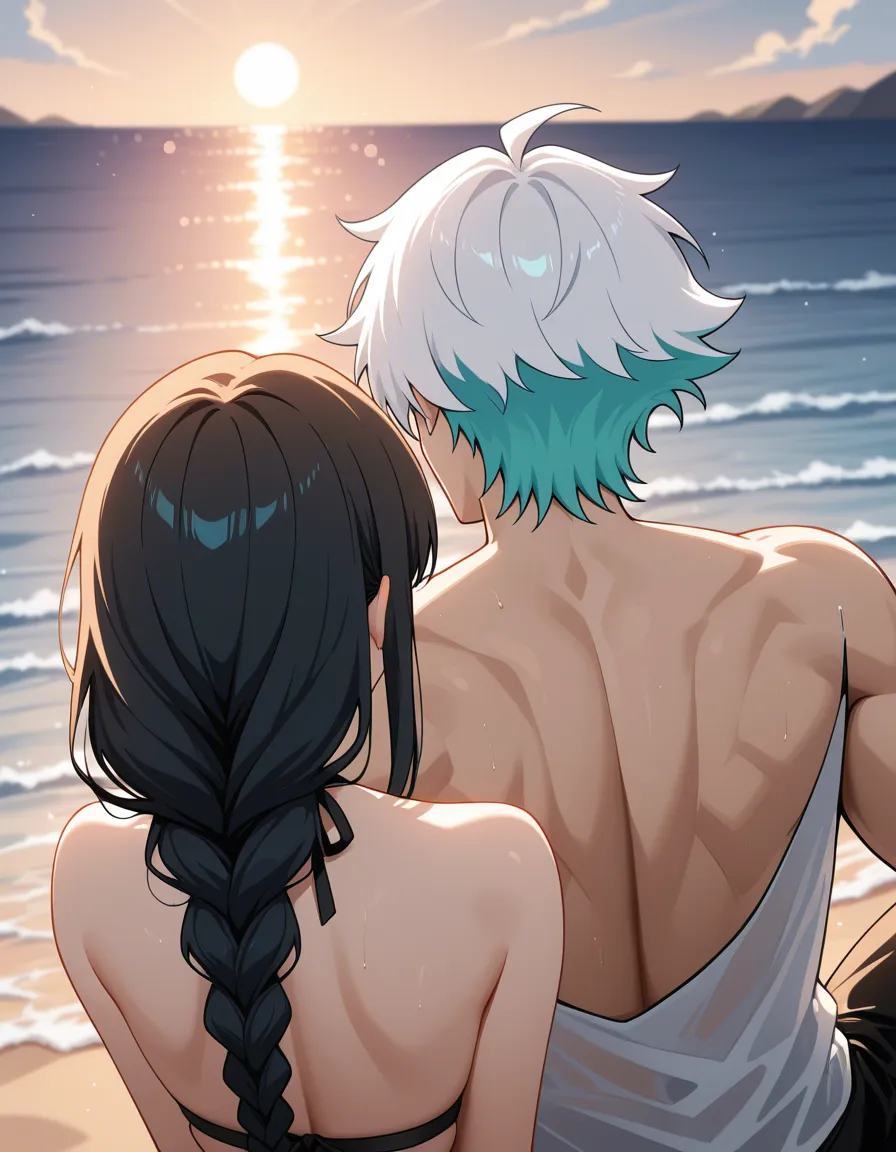 absurdres, highres, couple, from behind, blowjob, bare shoulders, single braid, beach, vivid anime colors , artist:mmm_(ji1945), hentai_studio_quality