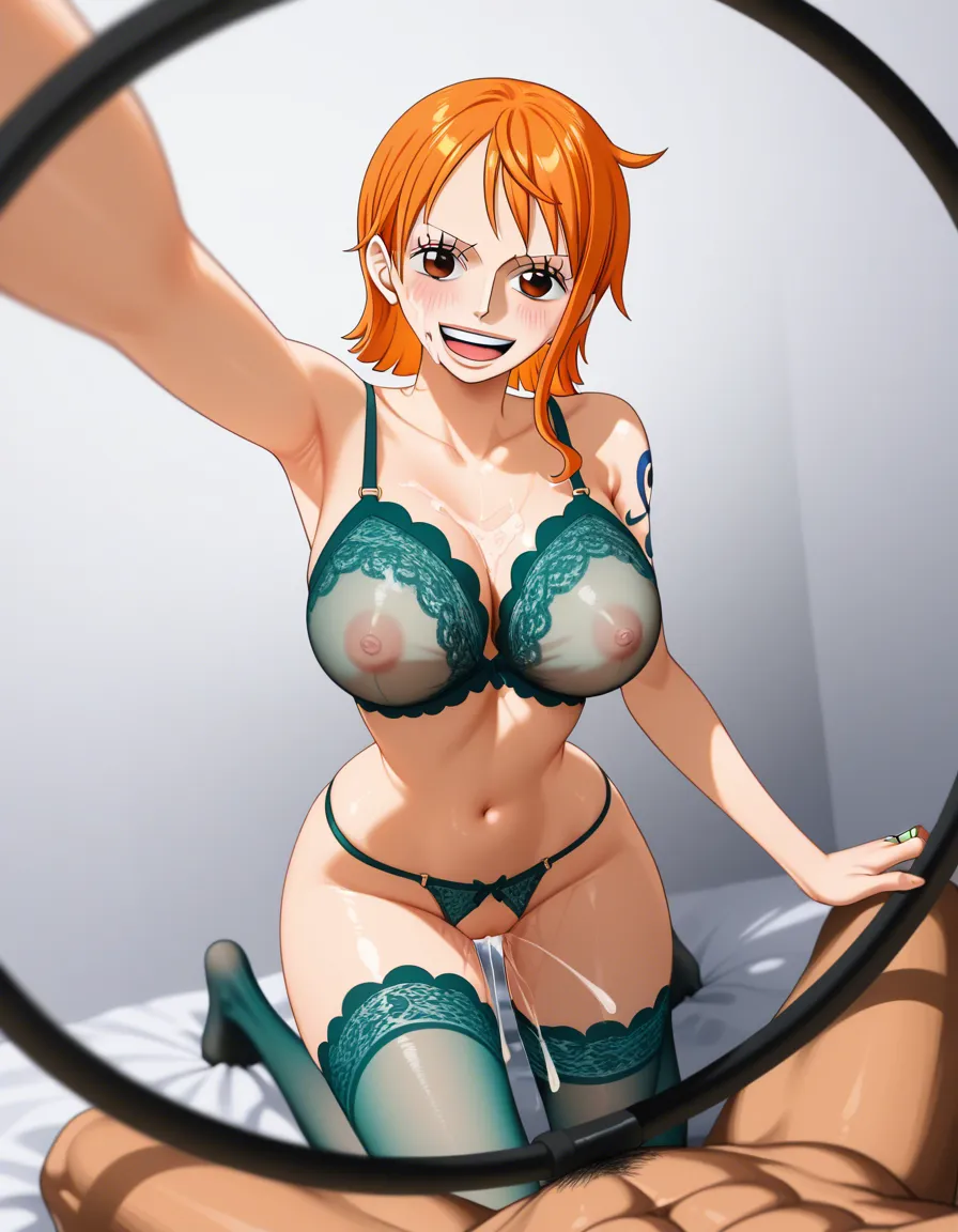 score_9_up, (one piece anime quality), One piece style animation, best quality, masterpiece, clean art, @nami one piece, long orange hair, small tits, tit job, orgasm, anime_studio_quality looking at viewer, happy screaming orgasm cum in pussy, rough sex, sexy, teal lace lingerie, teal lace stockings, tits exposed fucked, (SuperQuality:1), (SuperQuality:1.2), high saturation, vibrant colours, (2D style), anime quality, focus on girl, (no blurry faces), high face quality, clean blacklines, no deformities, AissistXLv2, lighting on girl, (minimum detail background), cum on face, (simple plain white background), one piece anime quality, one piece anime style, (lighting on girls face), ring light, best lighting quality 1girl, (Nami from One Piece), 8k, hdr, best resolution, detailed face, photorealistic, (one, piece), orgasm face, pleasure, pussy juice, taking selfie, see through clothes, see through bra, full body view, translucent stockings lace, see through bra, aheago, (top down view), different sex positions, plain white background, feet above head, nami one piece anime face, (see through bra) perky tits small hard nipples, hentai_studio_quality, hentai_studio_quality, hentai_studio_quality