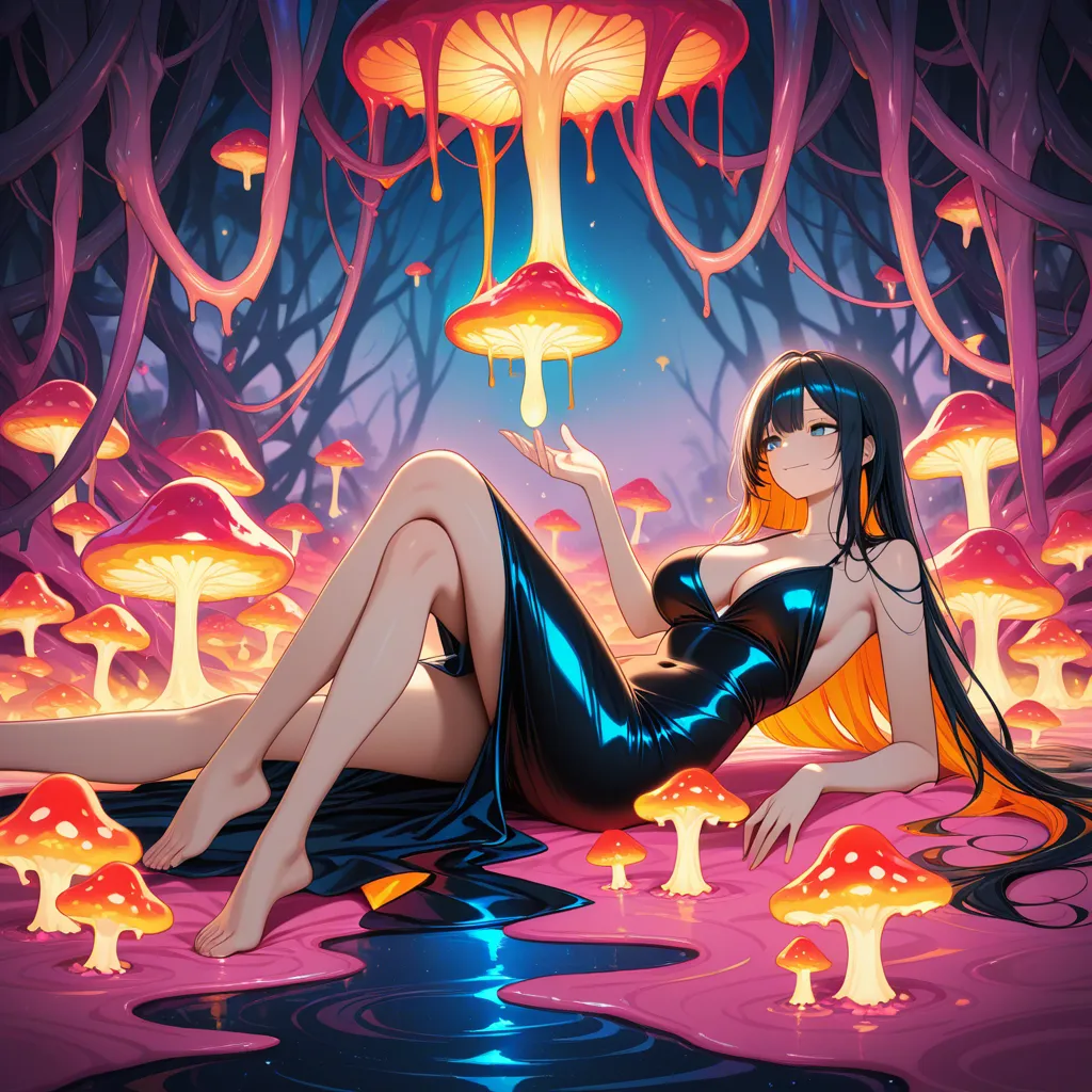 Full-body view of a sultry woman reclining on a bed of soft glowing mushrooms and melting neon vines in a psychedelic forest, legs elegantly crossed, torso arched slightly to accentuate her figure, wearing a short flowing dress of shifting color-shifting fabric that moves like liquid, soft smile and direct eye contact, ambient bioluminescent light, rich saturated colors, dreamy yet alluring composition, high-resolution Instagram style, hentai_studio_quality