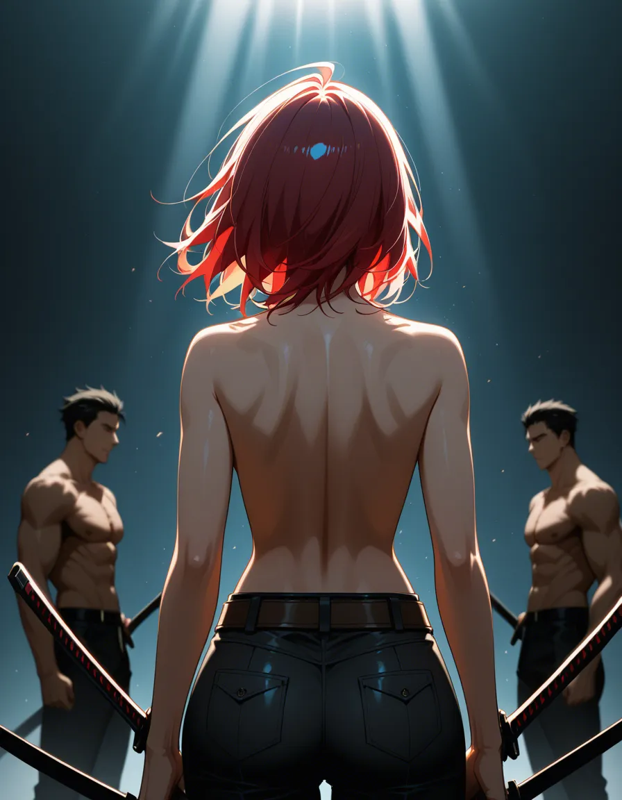 highly detailed, natural lighting, solo focus, medium hair, weapon, topless, backlit, film photography, hentai_studio_quality