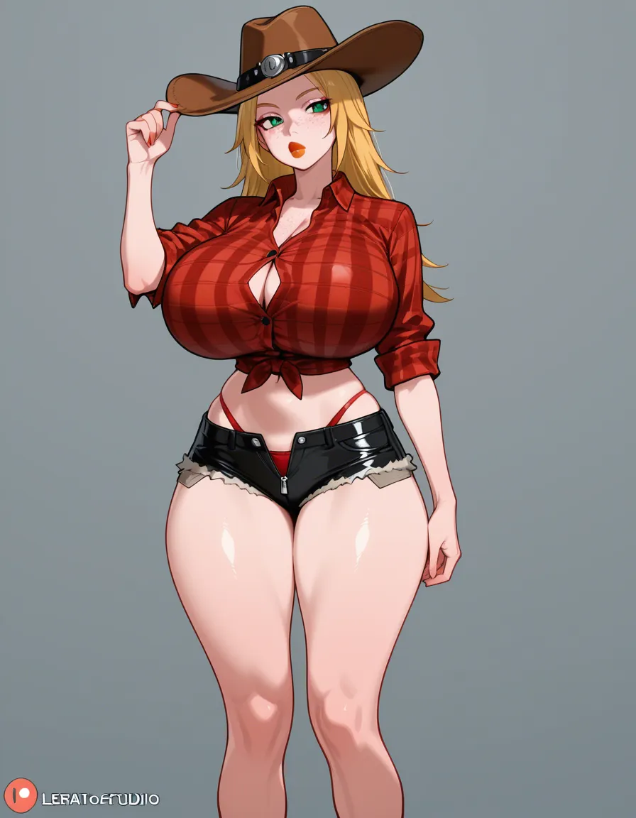 Female Texas cowboy, long dirty blonde hair,  big filled lips, peach skin colored lipstick, lots of freckles,  big cowboy hat, crop top red flannel shirt about to bust upon its buttons, huge giant breast with large amount of freckles on the em, long skinny torso, long skinny sexy legs, skin tight jean shorts with zipper downed exposing red panties,, hentai_studio_quality