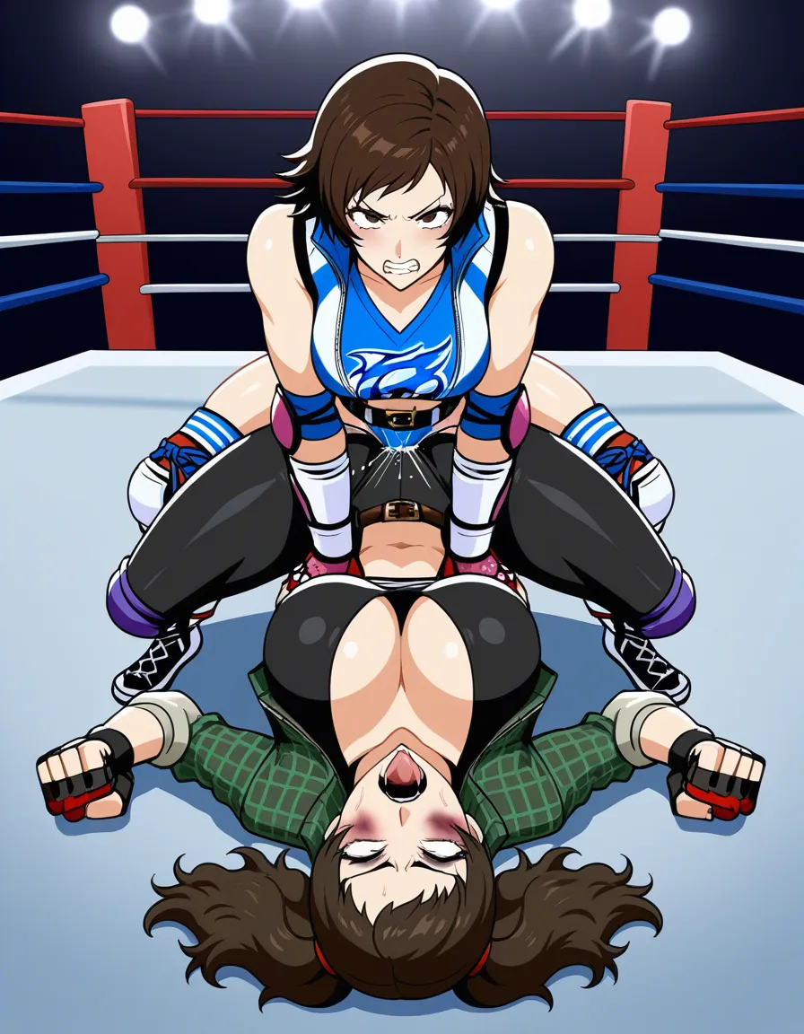 sadayo_kawakimi_(persona) , kazama_asuka_(tekken) , wrestling , catfight , angry , ahegao , strapon , squirting, bruised, hentai_studio_quality