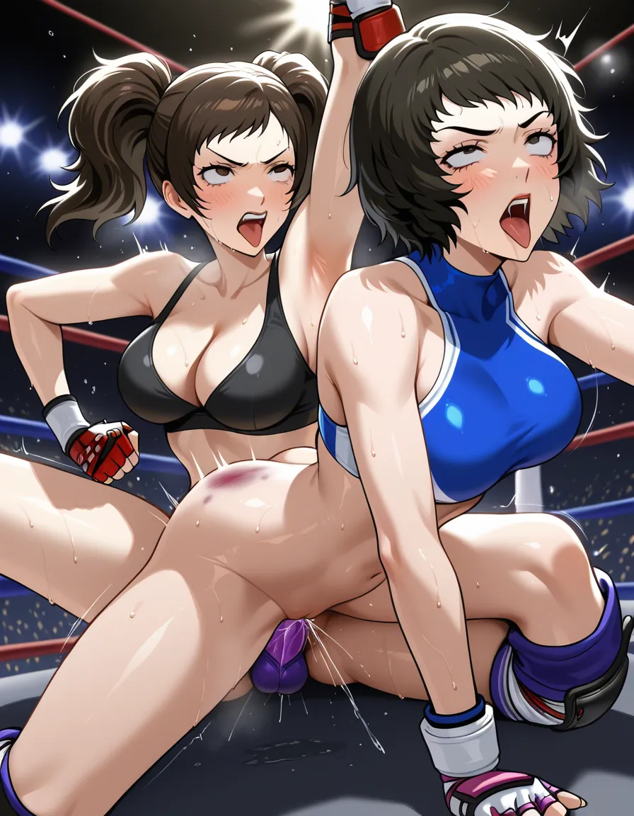 kawakimi_sadayo__(persona) , kazama_asuka_(tekken) , wrestling , catfight , angry , ahegao , strapon , squirting, bruised, sweat, vaginal_object_insertion, hentai_studio_quality