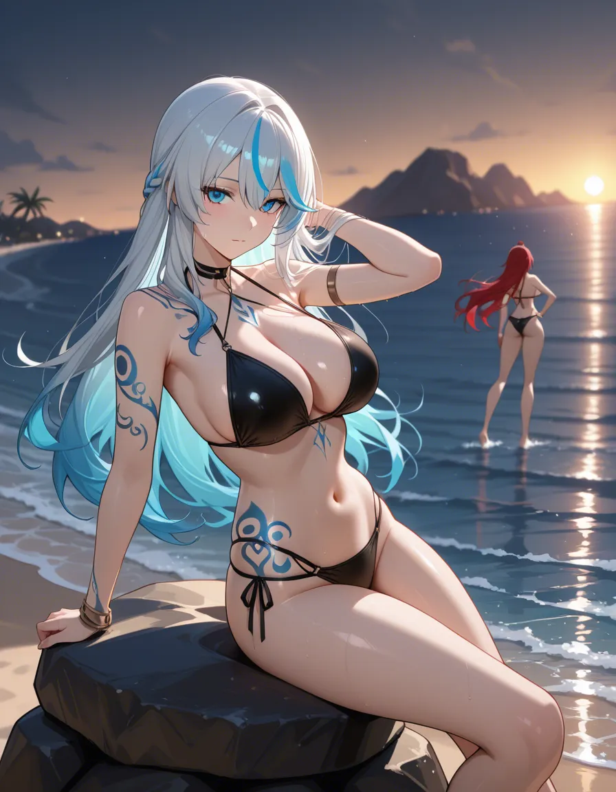 masterpiece, fine detail, mysterious lighting, beach, 2girls, sitting on rocks, tentacle tattoos, hentai_studio_quality