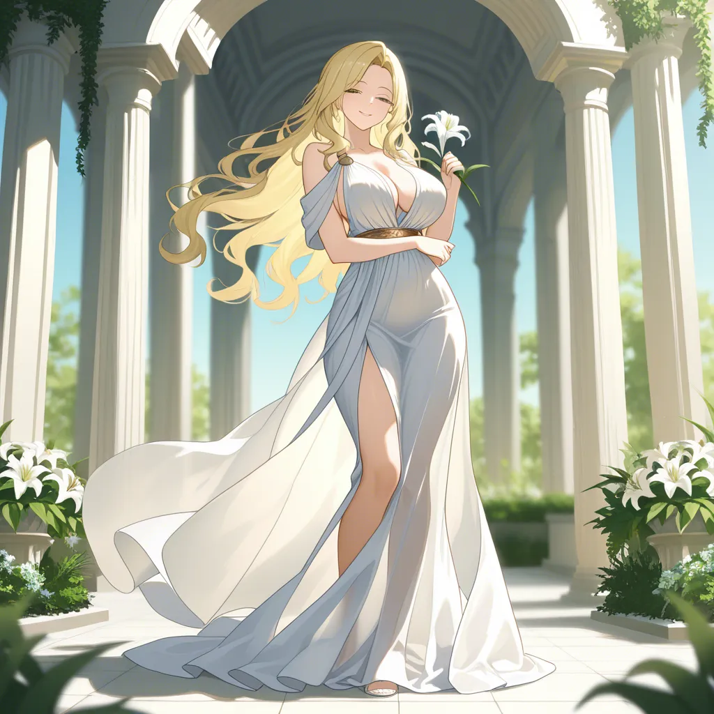 masterpiece, best quality, ultra-detailed, 8k uhd, anime style, 1girl, mature female, milf, beautiful detailed face, seductive smile, half-closed eyes, long blonde hair, wavy hair, hair flowing in wind, standing, full body, white dress, greek goddess dress, flowing white gown, toga, see-through silhouette, holding flower, white lily, lily stems in both hands, elegant pose, marble pergola, ancient greek architecture, white columns, winding branches, lily leaves, garden background, soft lighting, cinematic composition, depth of field, detailed background, ethereal atmosphere ESSEDLYCHANOODSONALSIONEGABACINGSPERCALLETSURGATEMPTALSTICASMATE, hentai_studio_quality