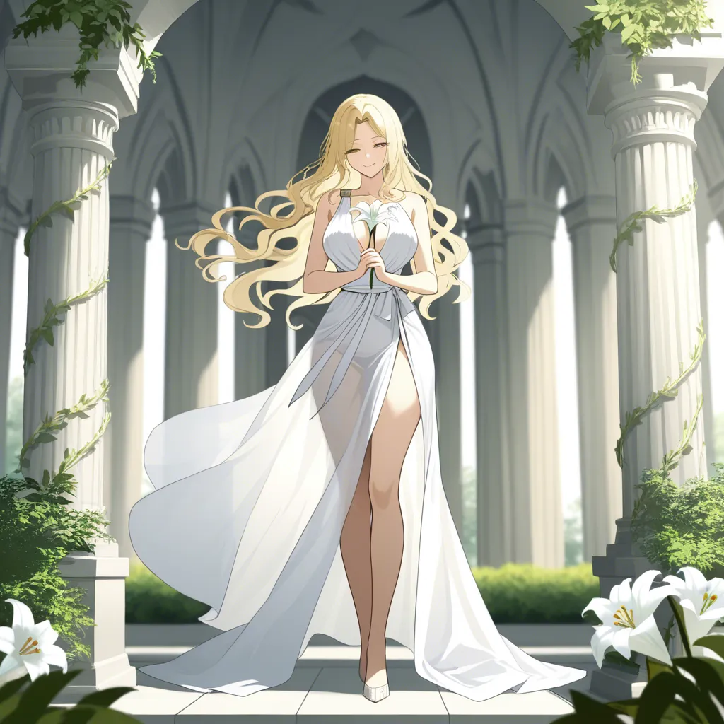 masterpiece, best quality, ultra-detailed, 8k uhd, anime style, 1girl, mature female, milf, beautiful detailed face, seductive smile, half-closed eyes, long blonde hair, wavy hair, hair flowing in wind, standing, full body, white dress, greek goddess dress, flowing white gown, toga, see-through silhouette, holding flower, white lily, lily stems in both hands, elegant pose, marble pergola, ancient greek architecture, white columns, winding branches, lily leaves, garden background, soft lighting, cinematic composition, depth of field, detailed background, ethereal atmosphere MBRAINETIQUIALISTOCLAIRAMBOOPITTIALIZETUADDISAMENSUPIESSIVERSINT, hentai_studio_quality
