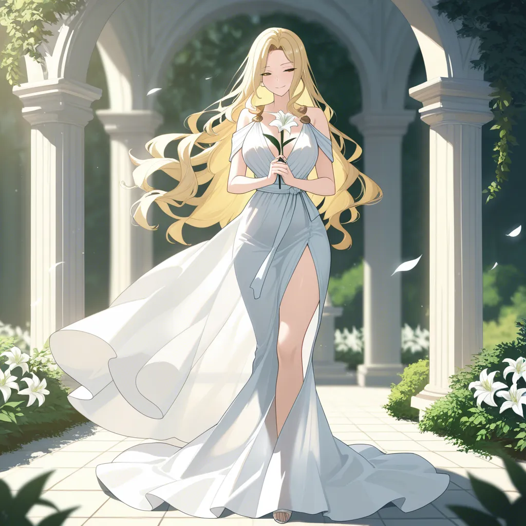 masterpiece, best quality, ultra-detailed, 8k uhd, anime style, 1girl, mature female, milf, beautiful detailed face, seductive smile, half-closed eyes, long blonde hair, wavy hair, hair flowing in wind, standing, full body, white dress, greek goddess dress, flowing white gown, toga, see-through silhouette, holding flower, white lily, lily stems in both hands, elegant pose, marble pergola, ancient greek architecture, white columns, winding branches, lily leaves, garden background, soft lighting, cinematic composition, depth of field, detailed background, ethereal atmosphere OUSATLEDENTSTERICENCENTEDUCCEADMOUTHEDSESTATIADISALLSEREALITTEES, hentai_studio_quality