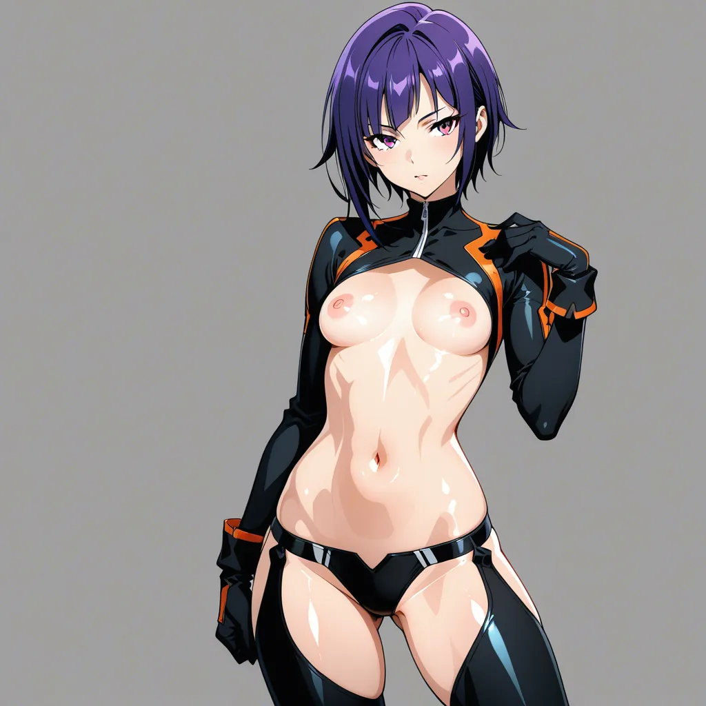 highly detailed, sharp, fitness model, shiny skin, black gloves, cumshot, seductive look, anime style, small_breasts