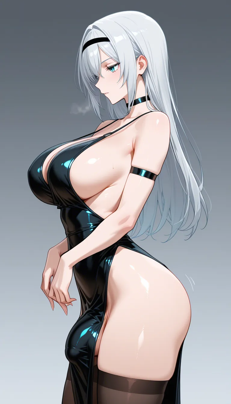 best quality, polished, solo, sideboob, choker, futanari, gradient background, smoldering look, visual novel art, hentai_studio_quality
